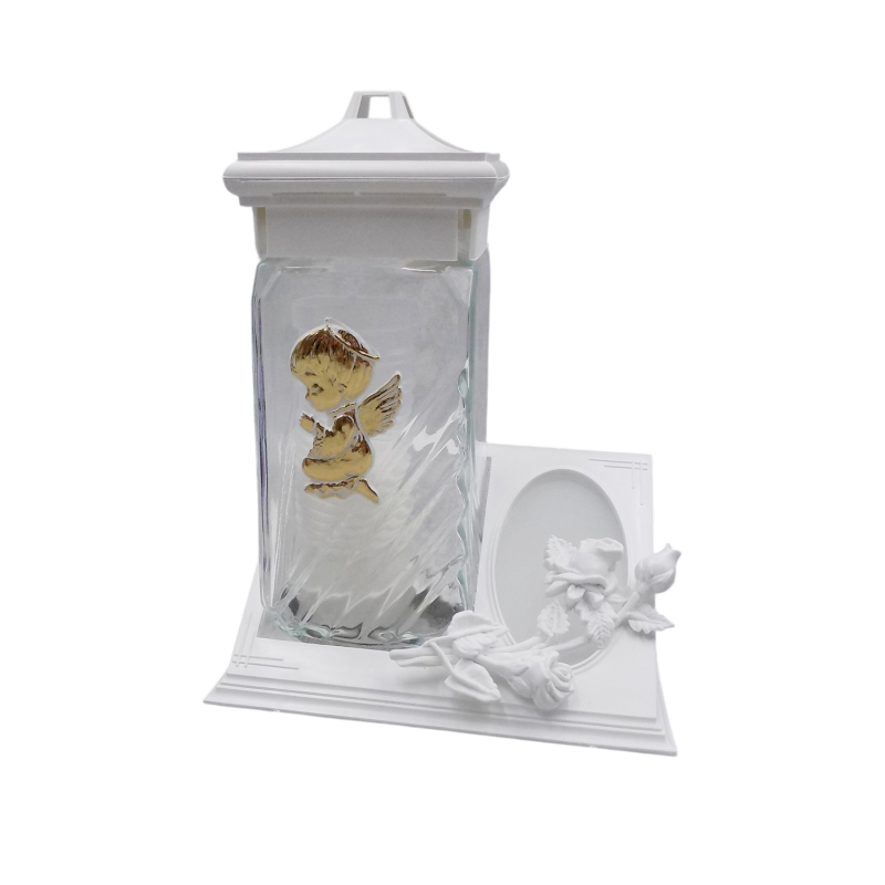 Лампадка скляна середня біла з ангелом LC222 tabliczka 20ч