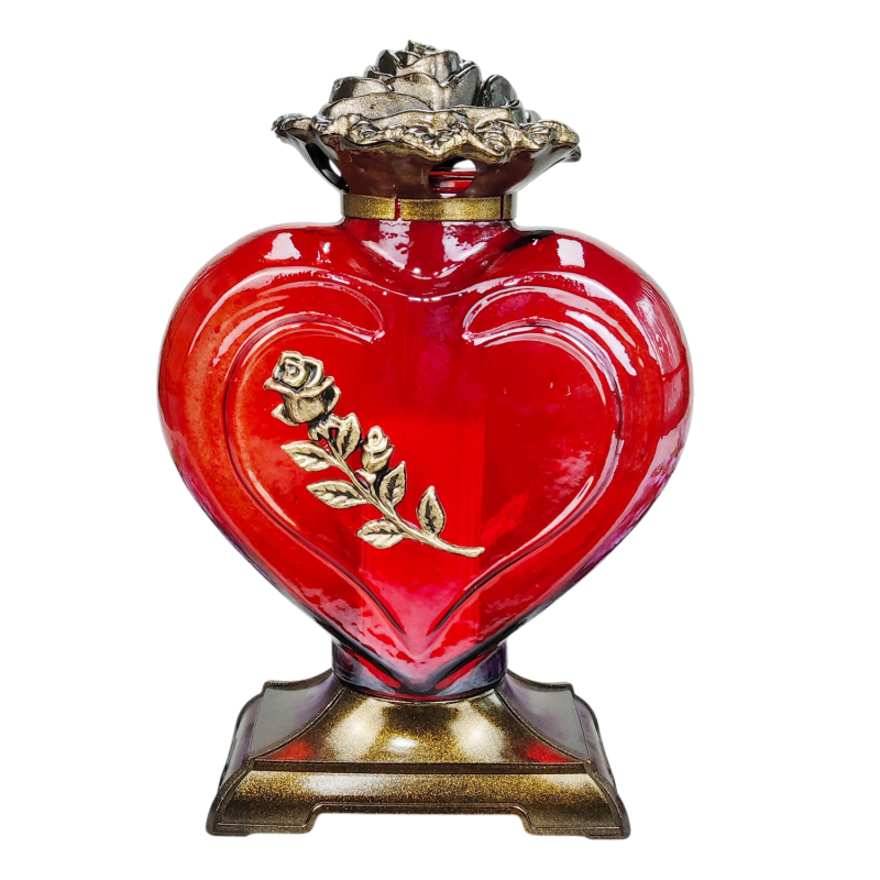 Лампадка скляна велика серце червона з золотистою трояндою Serce Ornament  45год