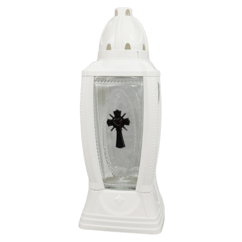 Лампадка меморіальна велика скляна з хрестом біла 355KA