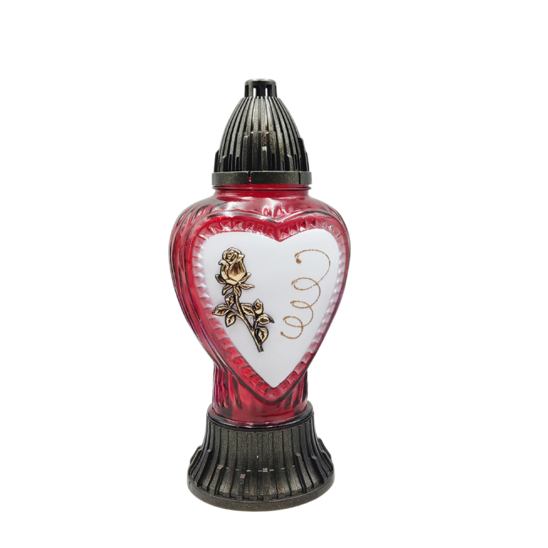 Лампадка скляна серце червона з трояндою середня LP762U 30год
