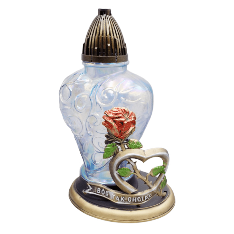 Лампадка скляна велика з декором Серце Троянда на підставці прозора