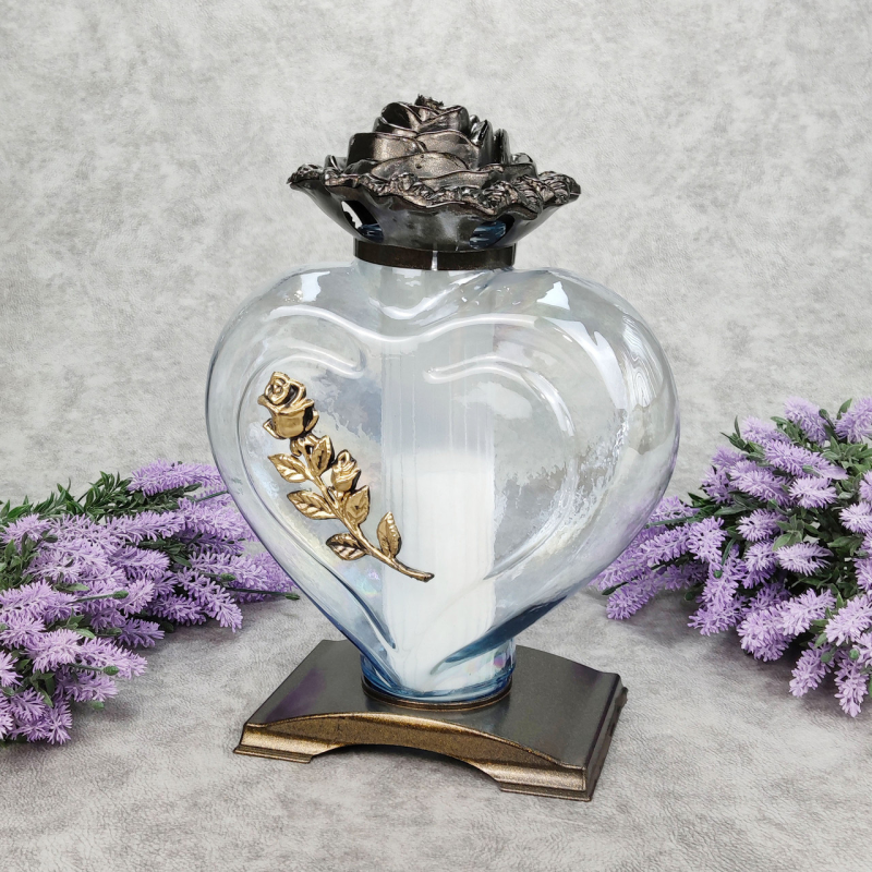 Лампадка скляна велика серце прозора з золотистою трояндою Serce Ornament  45год