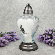 Лампадка скляна велика серце з трояндою прозора Lampion Serce Zywica  45год