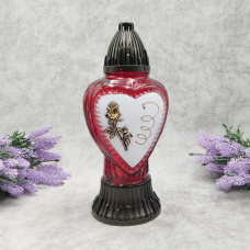 Лампадка скляна серце червона з трояндою середня LP762U 30год