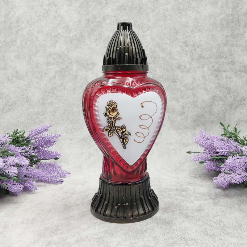 Лампадка скляна серце червона з трояндою середня LP762U 30год
