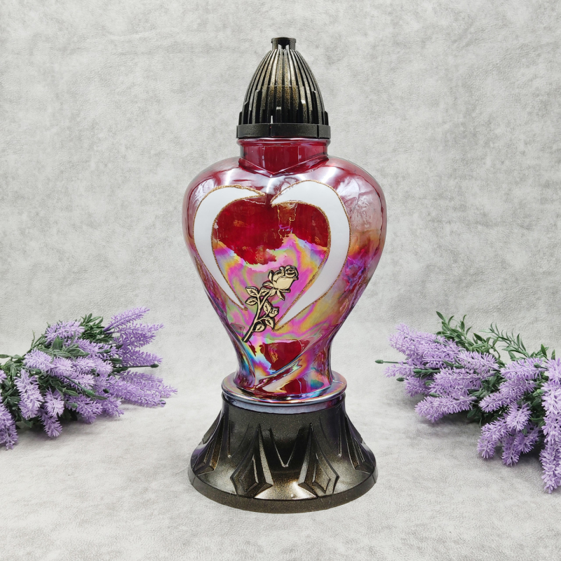 Лампадка скляна велика серце з трояндою Lampion Серце Живиця червона 45 год