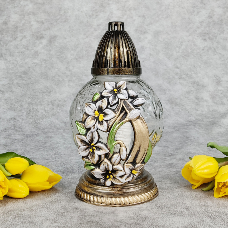 Лампадка скляна середня куля з аплікацією проліски 20год