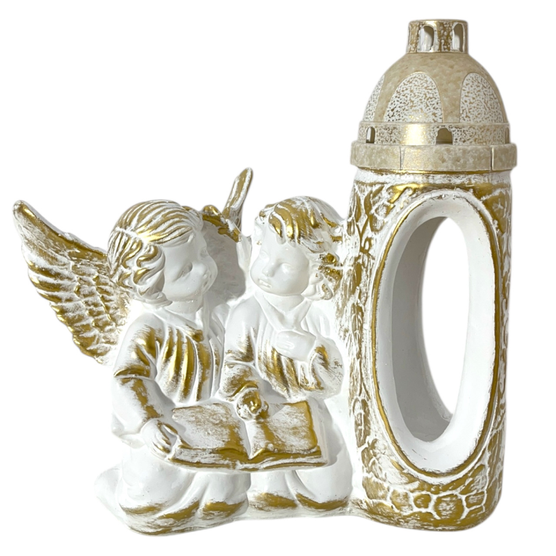 Гіпсова статуетка з лампадкою “Два янголи з книгою“ | Біло-золота | 30×30 см