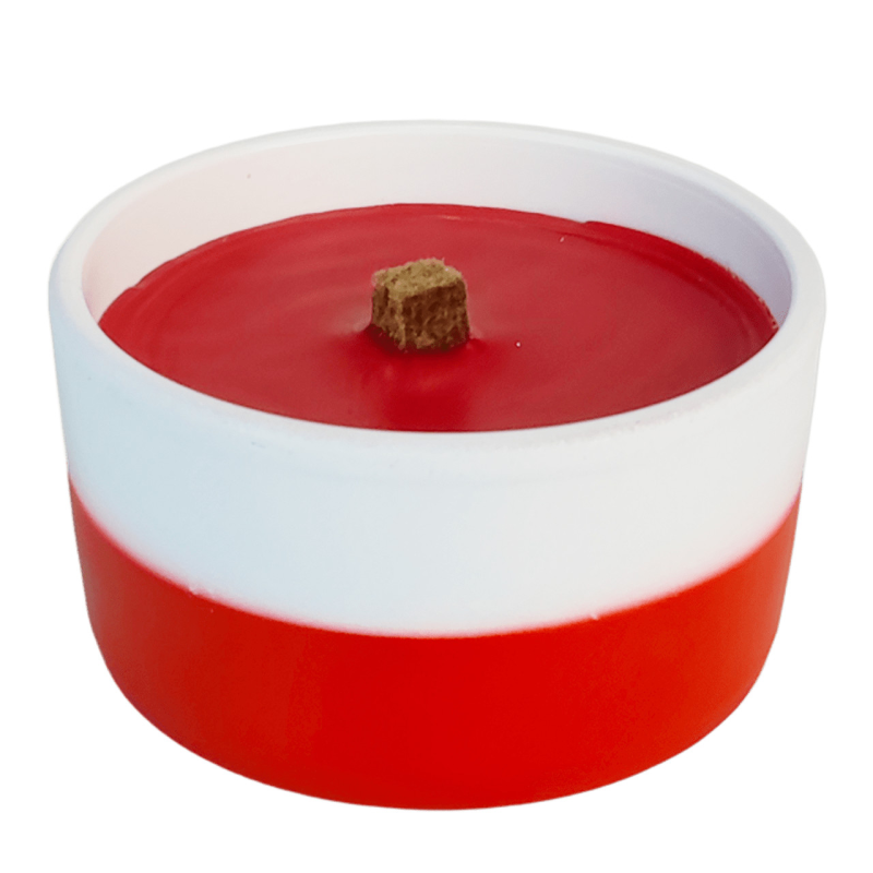 Свічка в керамічній посудині червоно-біла з дерев“яним ґнотом
