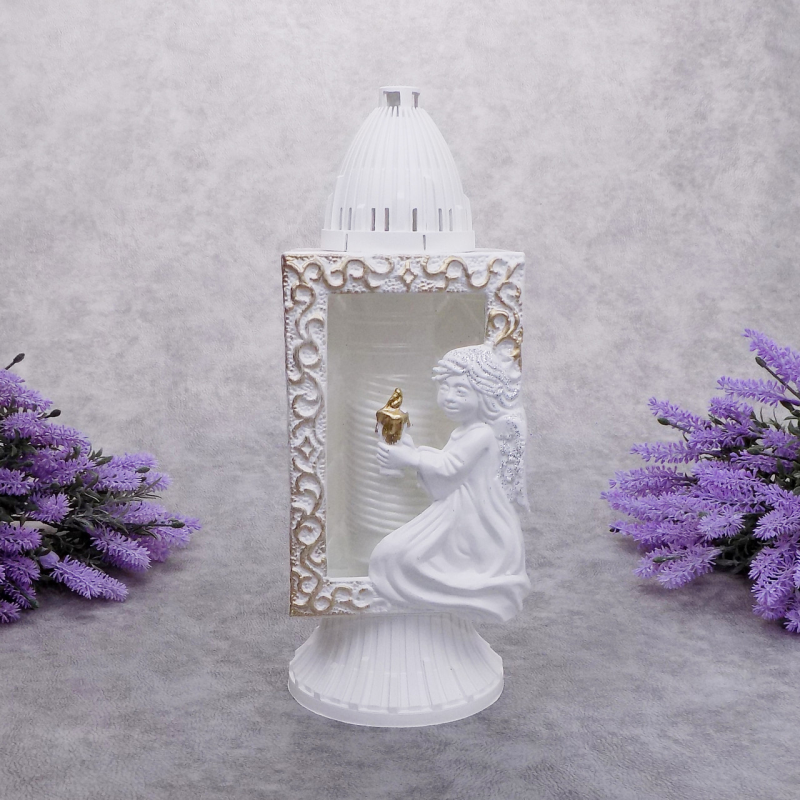 Лампадка капличка середня біла з ангелом Glass Art 33год