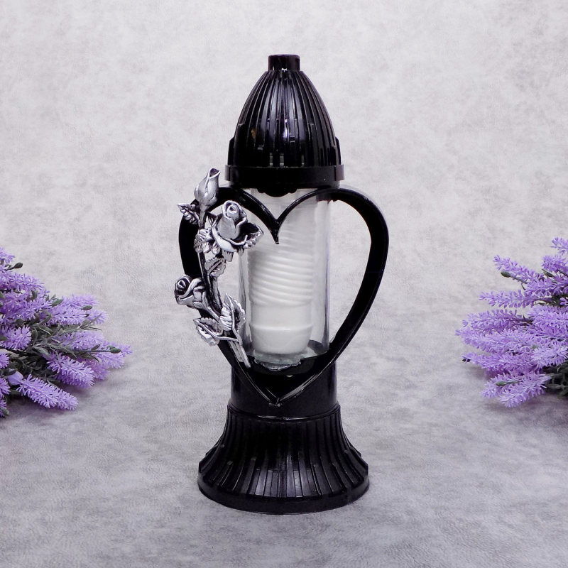 Лампадка середня Пам’ять у серці 3D чорна зі срібною трояндою